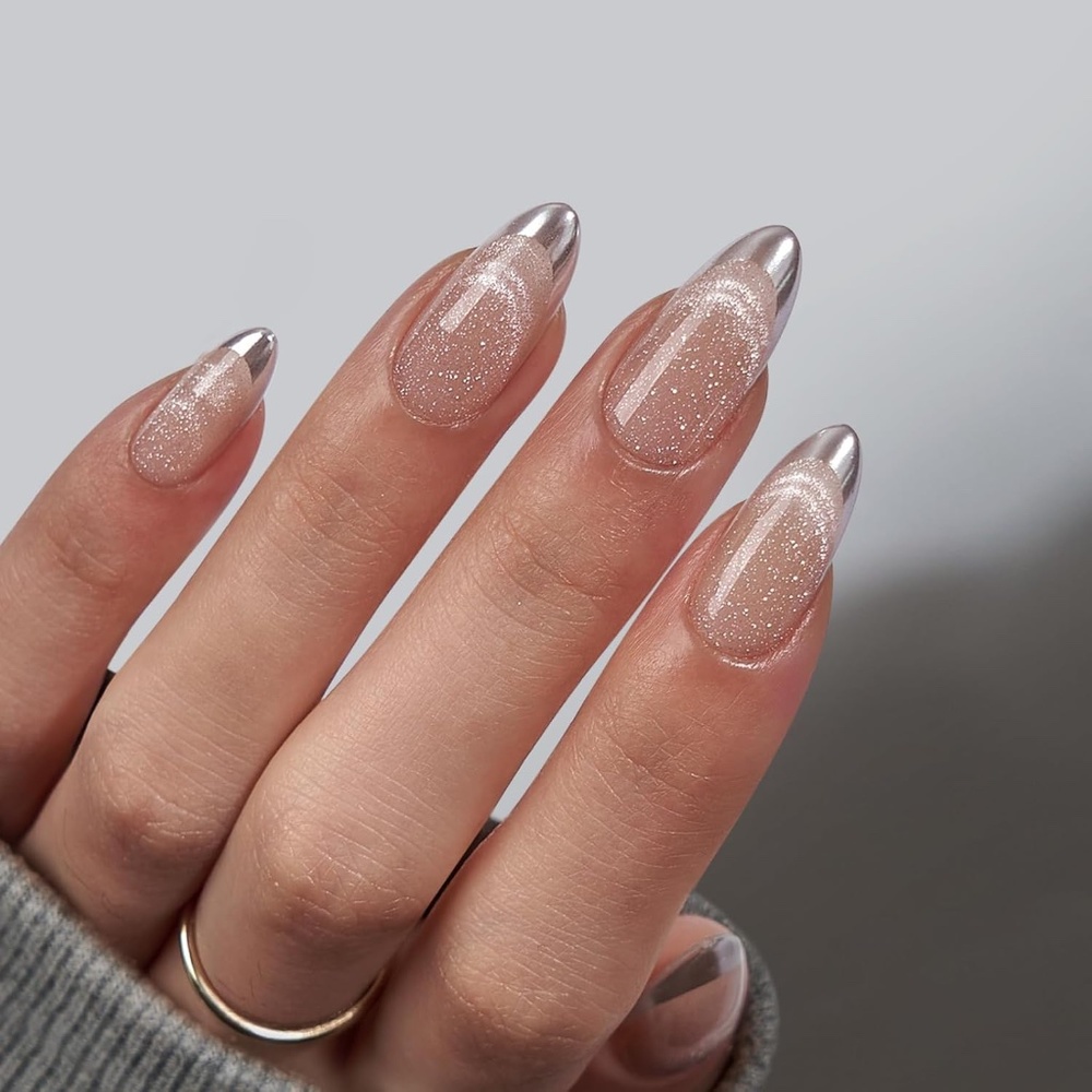 BTArtbox XCoat Metallic Glitter Cat Eye French Tip Almond Press-On Nails